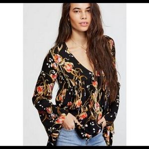 Free People Bella Floral Oversized Tunic Blouse Long Sleeves Black Size Small